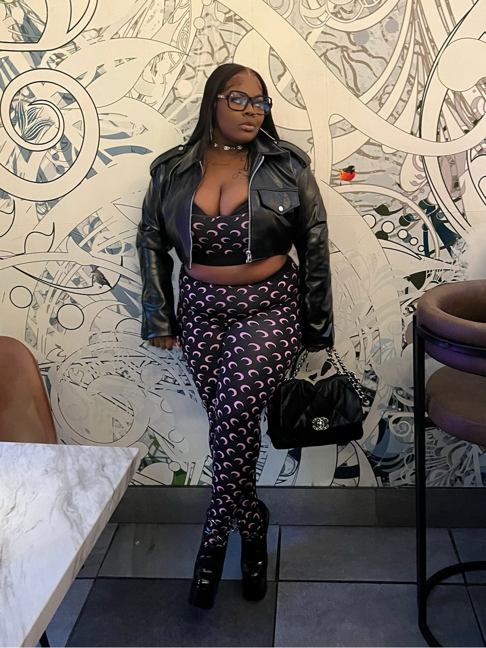Marine Serre Black Sports Bralette & Leggings with Pink Crescent Print